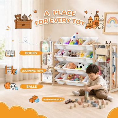 Toy Storage Organizer with Stuffed Animal Storage, Playroom Toy Organizer with 12 Toy Bins for Bricks, Toy Holder for Toddler Rooms, Playrooms, Bedrooms