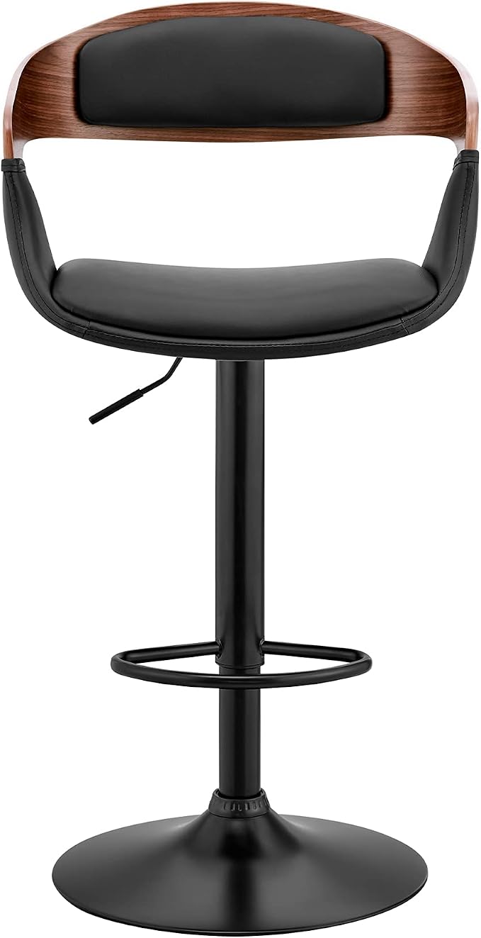 Armen Living Benson Adjustable Height Black Faux Leather and Walnut Wood Bar Stool with Black Base