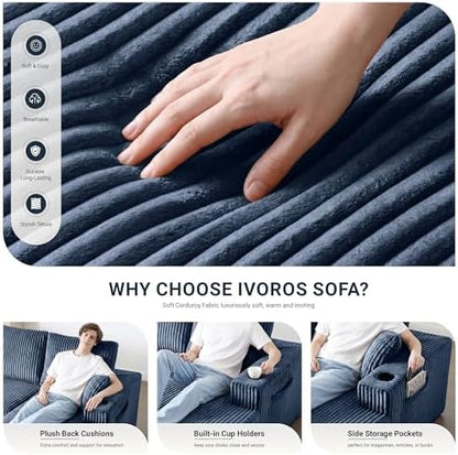 ivoros 124" Cloud Boneless Couch, Oversized Sectional Couches for Living Room, Modern Modular Couch with Cup Holders, Blue Comfy Corduroy U Shape Sofa Couch for Apartment