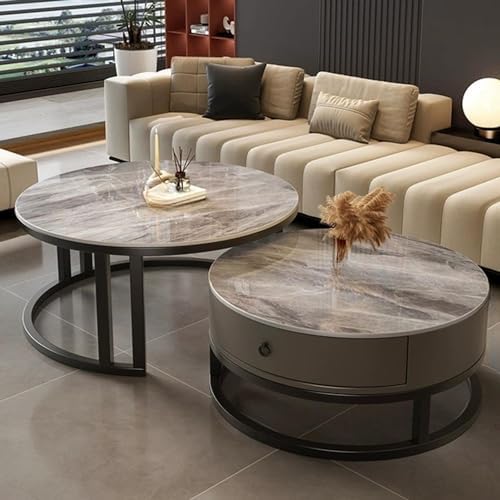 Round Nesting Coffee Table with Storage Drawer Set of 2, Modern Cocktail Table with Faux Marble Top for Living Room Small Space 31.5" Black/Grey-Gray