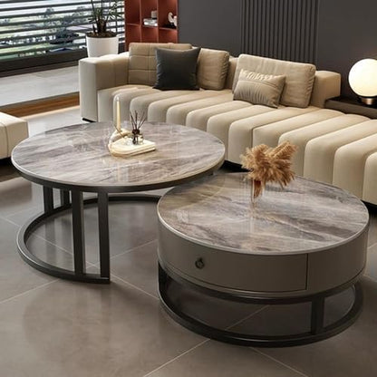 Round Nesting Coffee Table with Storage Drawer Set of 2, Modern Cocktail Table with Faux Marble Top for Living Room Small Space 31.5" Black/Grey-Gray