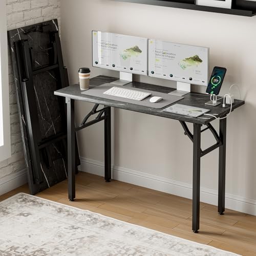 Small Folding Computer Desk – 43.3 Inch Portable Table for Craft and Study, Lightweight Desk for Small Spaces, Foldable Laptop Table Built-in AC/USB Outlets for Convenience, Marble Greige