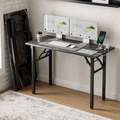 Small Folding Computer Desk – 43.3 Inch Portable Table for Craft and Study, Lightweight Desk for Small Spaces, Foldable Laptop Table Built-in AC/USB Outlets for Convenience, Marble Greige