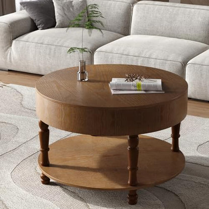 Round Wood Coffee Table for Living Room, Rustic Farmhouse Circle Coffee Tables with Storage 2-Tier Solid Wood Coffee Table for Apartment Office 31.5''Walnut