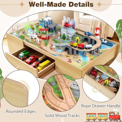 Costzon 110-Piece Wooden Train Table with Drawer for 3+ Years Old Toddlers