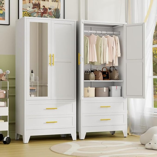 Metal Armoire Wardrobe Closet Storage Cabinet with 2 Doors White, 71'' Wardrobe with Hanging Rod Metal Closet with Adjustable Shelf and 2 Drawers, Freestanding Storage Cabinet for Bedroom