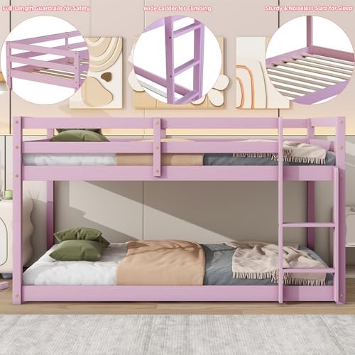 Bunk Bed Twin Over Twin with Ladder and Safety Guardrails, Solid Wood Low Bunk Beds Frame for Teens and Adults, Twin Size Floor Bunk Bed, No Box Spring Needed, Pink