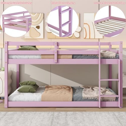 Bunk Bed Twin Over Twin with Ladder and Safety Guardrails, Solid Wood Low Bunk Beds Frame for Teens and Adults, Twin Size Floor Bunk Bed, No Box Spring Needed, Pink