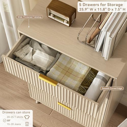 CARPETNAL Fluted 5 Drawers Dresser for Bedroom, 45" Tall Wooden Chest of Drawers with Rounded Corners, Gold Handles, Modern Storage Organizer for Bedroom, Hallway (Beige)