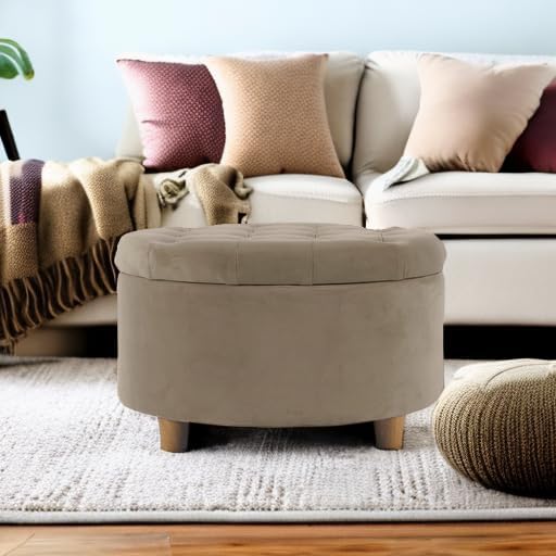 HomePop 28" Button Tufted Velvet Round Storage Ottoman - Fawn Velvet