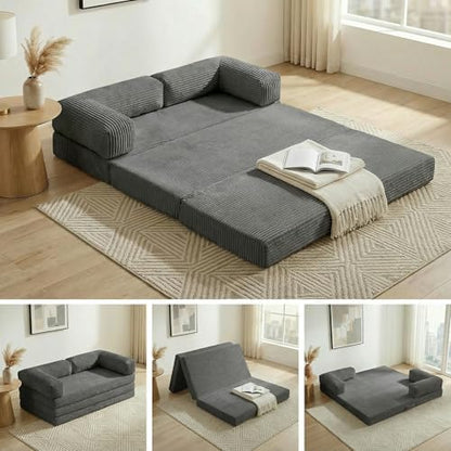 Convertible Sofa Bed,5-in-1 Tri-Fold Boneless Couch with Removable Armrests & Handle,Corduroy Futon Sleeper Sofa,Floor Folding Mattress Pull Out Bed for Small Space Apartment Living Room Bedroom