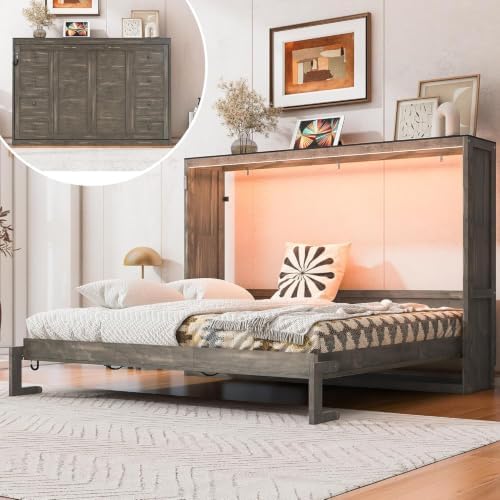 MERITLINE Queen Horizontal Murphy Bed with LED Lighting,Solid Wood Folding Farmhouse Murphy Wall Bed Cabinet for Adults, Space-Saving Hideaway (Brown,Queen)