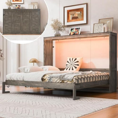 MERITLINE Queen Horizontal Murphy Bed with LED Lighting,Solid Wood Folding Farmhouse Murphy Wall Bed Cabinet for Adults, Space-Saving Hideaway (Brown,Queen)