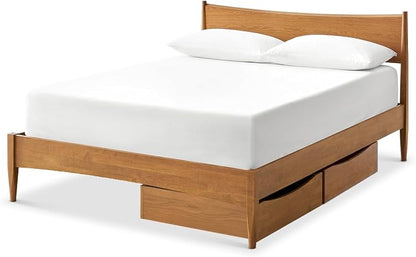 mopio Retrovie Mid-Century Modern Queen Bed Frame – Solid Wood Legs, LVL Slat System, No Box Spring Needed, Supports 661 lbs, Easy Assembly (Walnut, 2 Drawers)