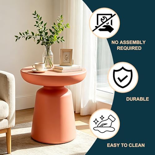 Modern Mushroom Round Side Table, 16" Dusty Pink PE Accent End Table, Waterproof Pedestal Small Coffee Table for Living Room Bedroom, No Assembly Indoor/Outdoor Nightstand