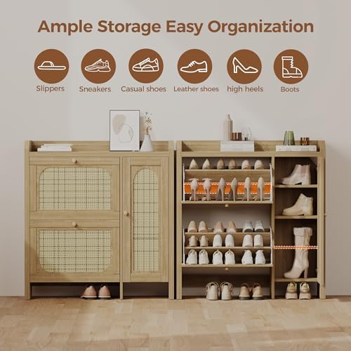 Rattan Shoe Cabinet w/ 2 Flip Drawers&Side Storage, Narrow Hidden Shoe Rack