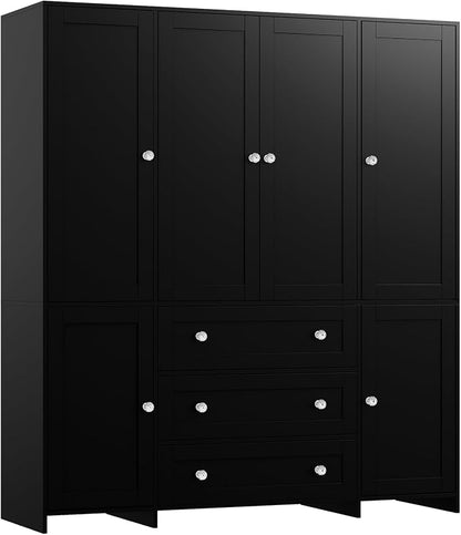VOWNER Armoire Wardrobe Closet with Drawers and Mirror, 71" Clothing Storage Cabinet with Hanging Rod, 6 Doors Wooden Wardrobe Cabinet for Bedroom, Large Capacity Storage
