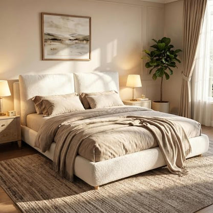 Merax Queen Boucle Upholstered Bed, 2 Removable Headboard Pillows, White
