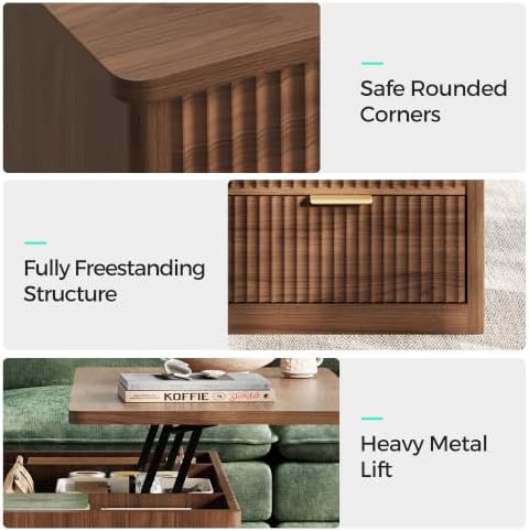 LINSY Lift Top Coffee Table with Hidden Storage, Adjustable Shelf, Walnut | Modern Farmhouse Wood Coffee Table for Living Room with Metal Handles, Fluted Design