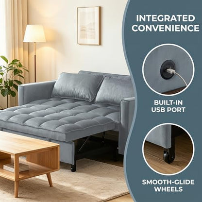 4 in 1 Convertible Sofa Bed, Pull Out Couch with Adjustable Backrest, Loveseat Sleeper Sofa Bed with USB Ports and Side Table, Couch Beds for Living Room, Bedroom, Apartment, Gray