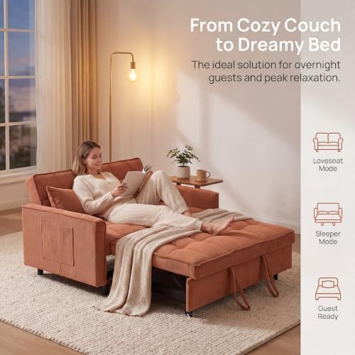 3 in 1 Convertible Sofa Bed, Corduroy Fabric Sleeper Sofa Bed, Modern Pull Out Couch with Side Pockets, Sleeper Couch with Adjustable Backrest for Living Room, Bedroom, Orange