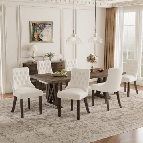 Upholstered Dining Chairs Set of 6, Wingback Dining Room Chairs with Tufted Button, Fabric Dining Chairs with Solid Wood Legs for Dining Room, Kitchen, Apartment，Beige