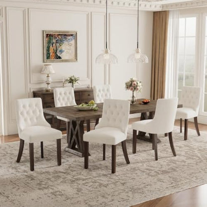 Upholstered Dining Chairs Set of 6, Wingback Dining Room Chairs with Tufted Button, Fabric Dining Chairs with Solid Wood Legs for Dining Room, Kitchen, Apartment，Beige
