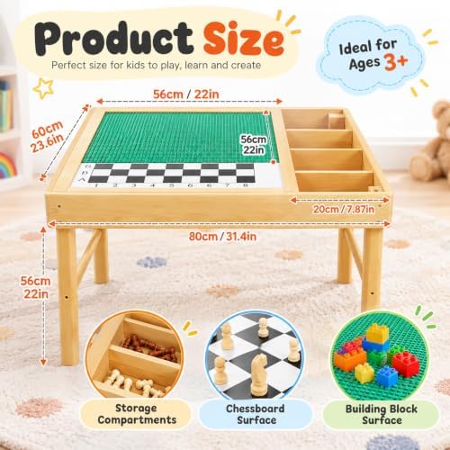 3-in-1 Solid Wood Lego Table for Kids with Storage, Flip Top