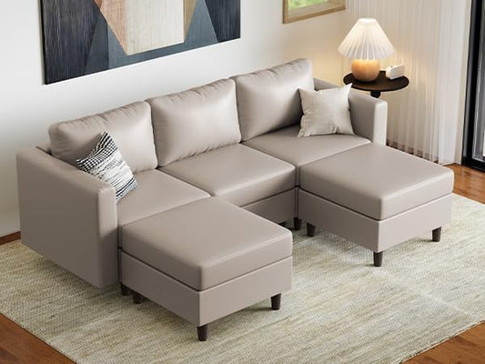 ABCASA Faux Leather U Shaped Modular Sectional Sofa 91.5", 5 Seater Couch with Movable Ottoman Deep Seat and Storage Seat with Removable Cover for Living Room, Apartment - Whitesand