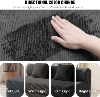 59" Convertible Sofa Bed, Corduroy Loveseat Sleeper Sofa with Pocket Springs, Foldable Floor Futon Couch with Removable Machine-Washable Cover, 2 Pillows, No Assembly, Black