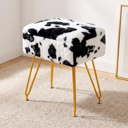 Multifunctional Vanity Stool Chair for Vanity, Padded Seat, Storage Ottoman in Rectangle Fuzzy Fluffy Design, Footrest and 4 Gold Legs for Makeup Room, Bedroom, Living Room, Cow