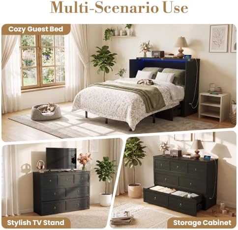 Full Murphy Bed with Hidden Storage, Farmhouse Cabinet Bed with Storage Drawer, RGB LED Lights & Charging Station, Space-Saving Wall Bed with 6 Metal Legs, Black