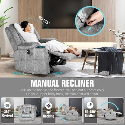 LAFWELL Retro Rocking Recliner Chair, Massage Rocker Recliner Chair with Vibration Massage and Heat, USB and Type-C Ports,360° Swivel Chairs, Living Room, Bedroom, Nursery, RV, Light Grey