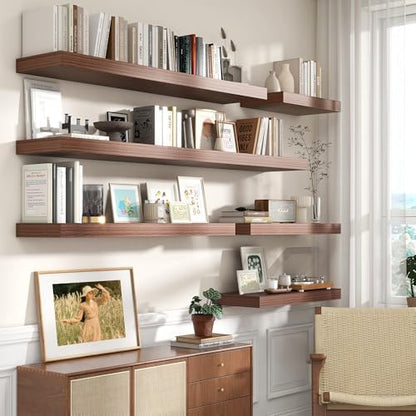 FLYJOE 72 Inch Floating Shelf, 12'' Deep Walnut Shelves for Wall Set of 1