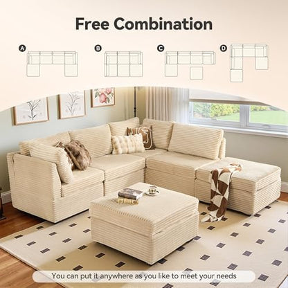 CAODOC 6 Seat Modular Sectional Couch,Corduroy,Convertible U/L-Shaped,Beige