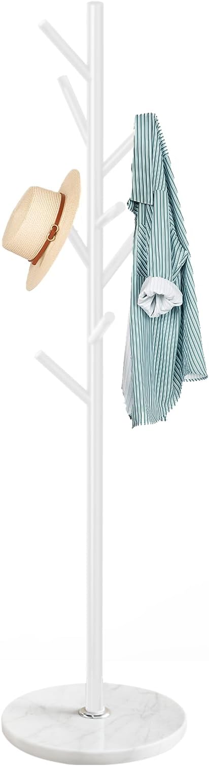 ZOZOE Metal Coat Rack Freestanding, Metal Coat Rack Stand with Natural Marble Base, Modern Coat Racks with 8 Hooks, White Coat Tree Hanger Stand for Jacket, Bag, Entryway, Office