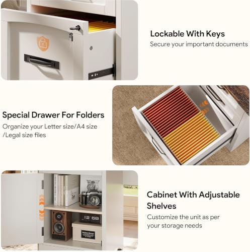 Decofy 67" Farmhouse L Shaped Standing Desk with Drawers Home Office Executive Desks with Fast Charging Station, Lockable File Cabinet, Wood Writing Computer Desk for Work, Study, White