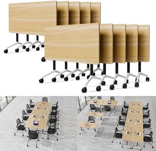 Folding Conference Table Modern Large Mobile Meeting Table Rolling Conference Room Tables with Wheels Seminar Tables for Office Training Classroom (10, Original Wood, 47.2" D X 23.6" W X 29.5" H)