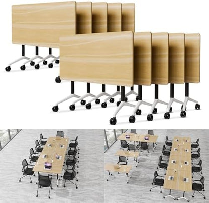 Folding Conference Table Modern Large Mobile Meeting Table Rolling Conference Room Tables with Wheels Seminar Tables for Office Training Classroom (10, Original Wood, 47.2" D X 23.6" W X 29.5" H)