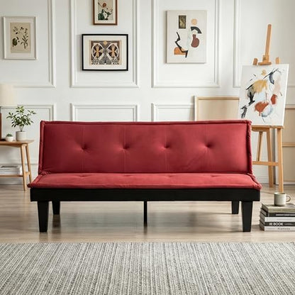 Convertible Futon Sofa Bed, Small Futon Couch with 5-Position Adjustable Backrest, Modern Sofa Bed for Small Spaces, Living Room, Bedroom, Apartment, Dark Red