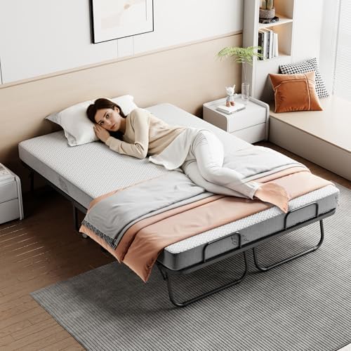 Folding Bed with 5" Memory Mattress, 75"×54" Full Size Double Portable Bed for Adults, Roll Away Foldable Beds on Wheels for Guest,Hideaway,Save Space