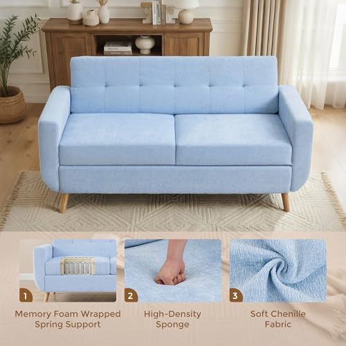 WELAX 65" Loveseat Lounge Sofa, Modern Decor Love Seat Couches for Living Room, Button Tufted Upholstered Small Couch with Solid Wood Legs, Comfy Sofas Furniture for Home, Apartment, Blue