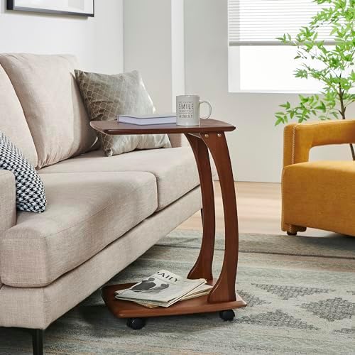COZYMATIC Emerson Solid Wood End Table with Rolling Wheels, C Shaped Side Table, TV Tray Table, Couch Table that Slide Under for Small Space, Living Room, Bedroom (Walnut)-Small