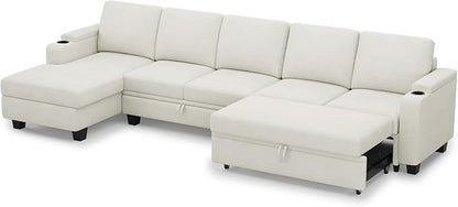 Belffin Modular Sectional Sleeper Sofa Bed with Storage Chaise L Shaped Sectional Couches for Living Room Armrest with Cup Holder. White Couch
