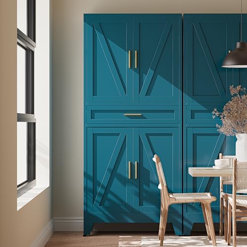 71"H Metal Kitchen Pantry Cabinet with Drawers,Blue Kitchen Storage Cabinets with Doors,Farmhouse Pantry Food Storage Cabinets,Tall Pantry Cabinets,Large Freestanding Cabinets for Dining Room