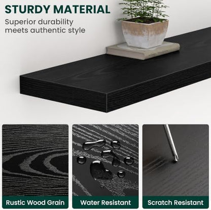 12 Inch Deep Floating Shelves Black, 48 Inch Long, 2" Thick Floating Shelves for Wall, Hidden Bracket, Scratch-Resistant Wood Grain for Bedroom Bathroom Kitchen, Coffee Bar, Bookshelf