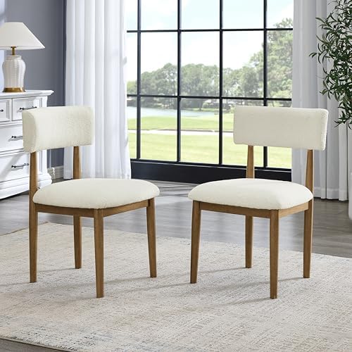 Roundhill Furniture Ellis Boucle Upholstered Dining Chairs, Set of 2, White/Natural Oak