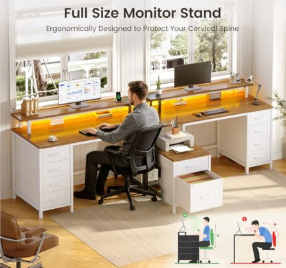 95'' 2 Person Desk with 10 Drawers, Outlets & LED for Gaming, Home Office