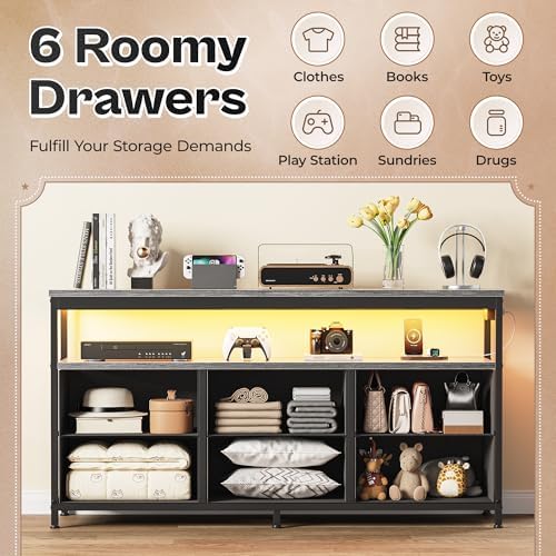 Huuger LED TV Stand for Bedroom, 47 Inch Dresser TV Stand for 43, 50, 55 Inch TV, Grey Black TV Stand with Storage, Entertainment Center with Power Outlets, 6 Drawer Fabric Dresser for Living Room