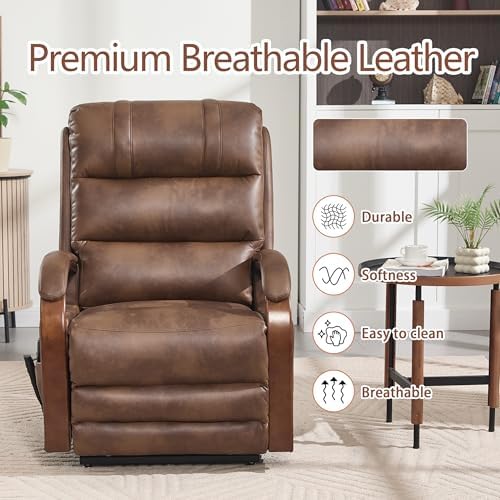 Power Lift Recliner Chair for Elderly People, Dual Motor Lift Chair with Vibration Massage and Heat, Lay Flat Recliner with Solid Wood Armrest, Standing Assistance Reclining, Faux Leather Brown
